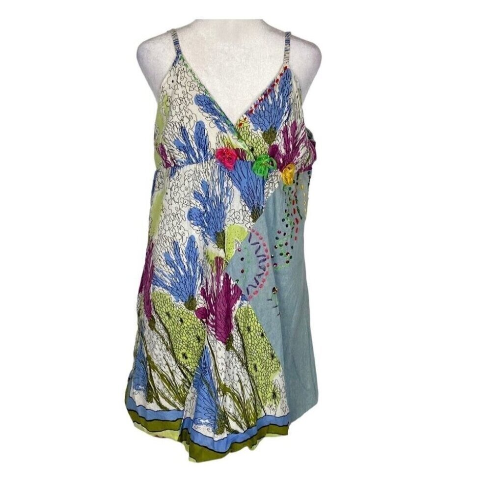 NWT FORLA PARIS Mini Dress Spaghetti Straps V Neck Flowy Sz‎ L Multicolor 65-5